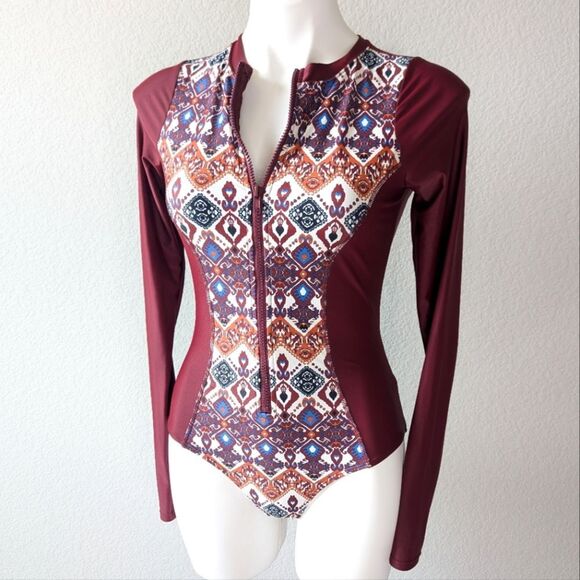 Maroon Patterned Long Sleeve Women's Swim Suit - Picture 1 of 9